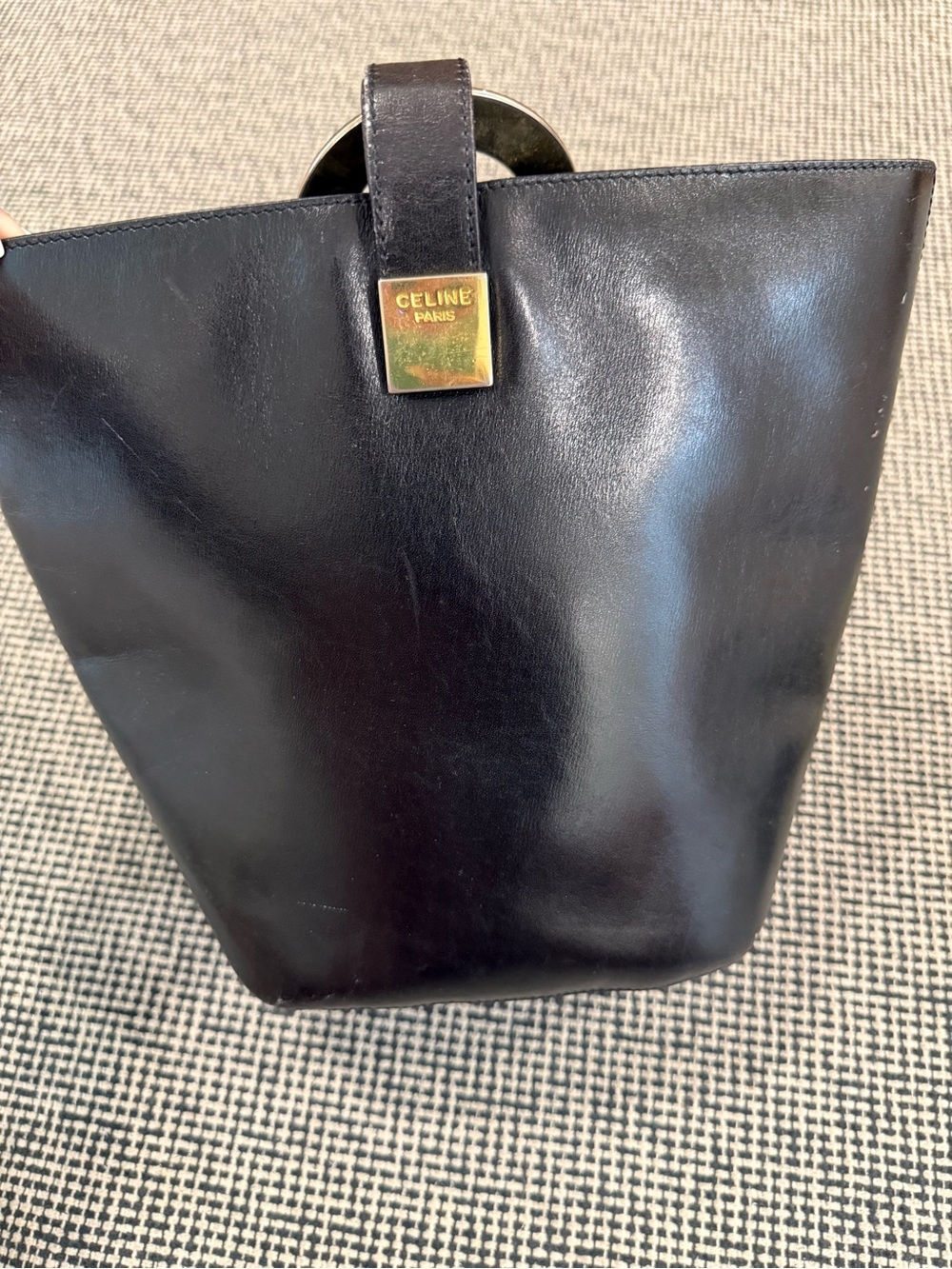Celine Black Leather Shoulder Bag with Gold Logo O-Ring - Picture 11 of 13